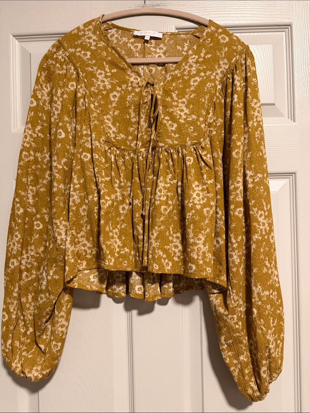 Olivaceous Mustard Floral Tie-Neck Peasant Blouse